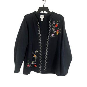 Retro Floral Colorful Embroidery Cardigan Black M Scalloped Cottage Boho Preppy